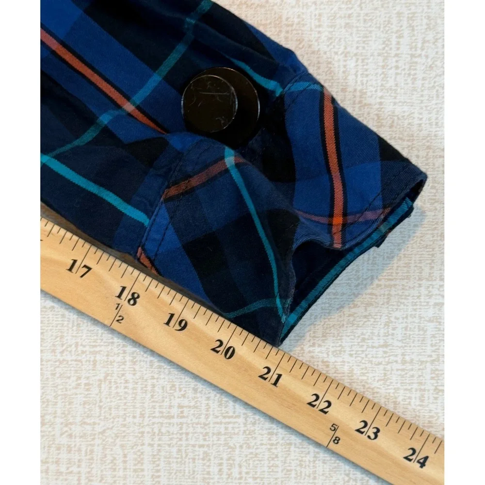 True Religion Mens 3XL Blue Orange Plaid Western Button Down Horseshoe Shirt Y2K
